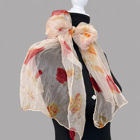 1950s Sheer Silk Floral Scarf Cream Red Yellow Rose - Picture 10 of 10